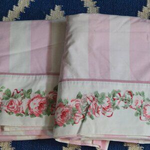 2 Vintage Laura Ashley Country Roses Pink Stripe TWIN FLAT Sheets USA